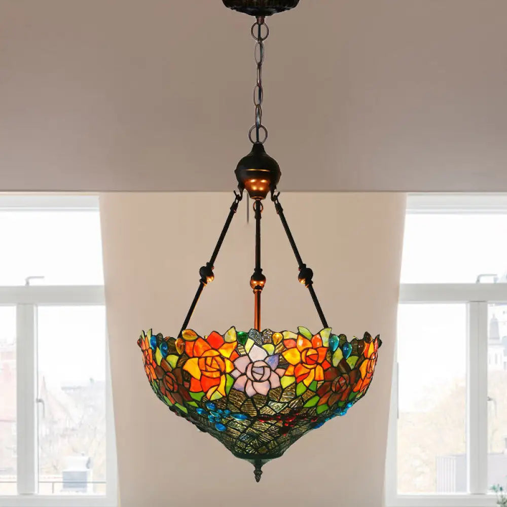 Mediterranean Floral Stained Art Glass Chandelier Pendant Light With 3 Hanging Lamps In