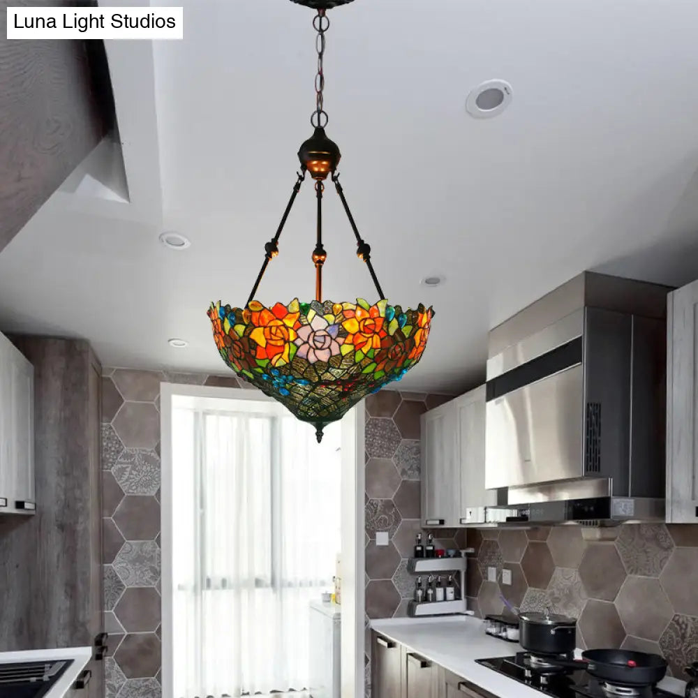 Mediterranean Floral Stained Art Glass Chandelier Pendant Light With 3 Hanging Lamps In