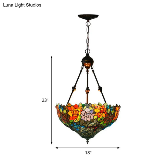 Mediterranean Floral Stained Art Glass Chandelier Pendant Light With 3 Hanging Lamps In