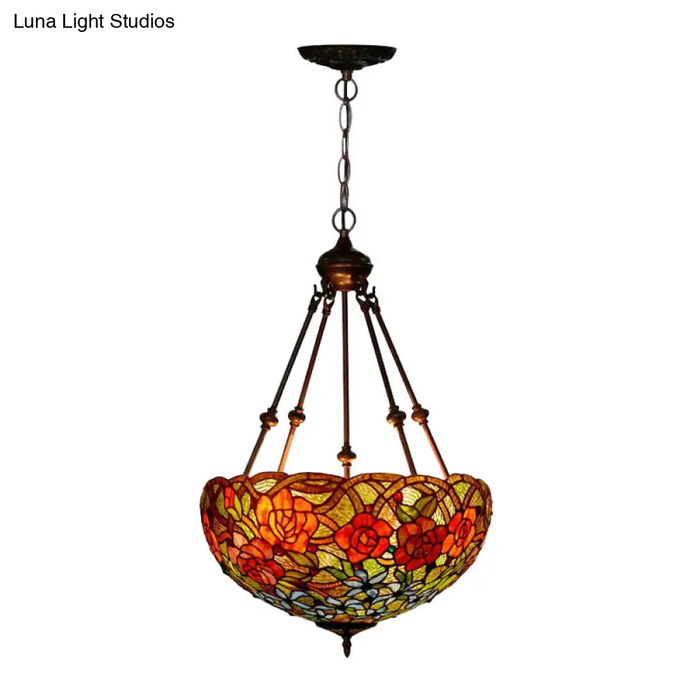 Mediterranean Floral Stained Art Glass Chandelier Pendant Light With 3 Hanging Lamps In