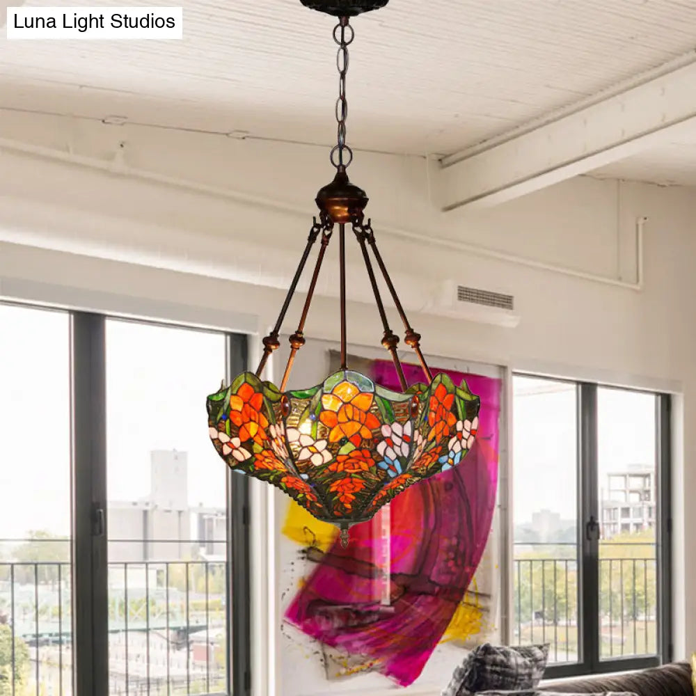 Mediterranean Floral Stained Art Glass Chandelier Pendant Light With 3 Hanging Lamps In