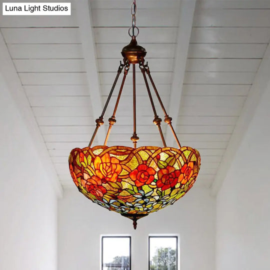 Mediterranean Art Glass Chandelier Pendant Light With Stained Flower Design - Red/Orange/Green Red