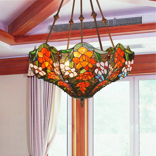 Mediterranean Floral Stained Art Glass Chandelier Pendant Light With 3 Hanging Lamps In