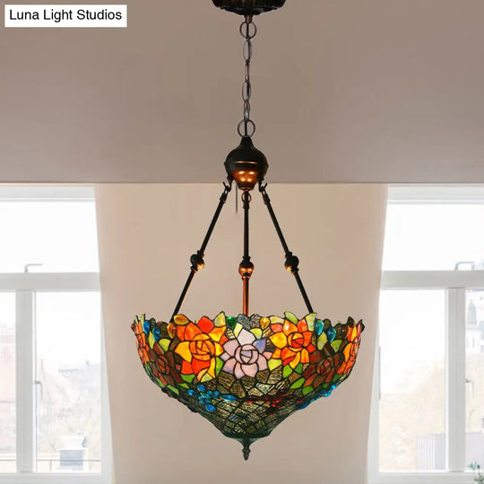 Mediterranean Art Glass Chandelier Pendant Light With Stained Flower Design - Red/Orange/Green Green