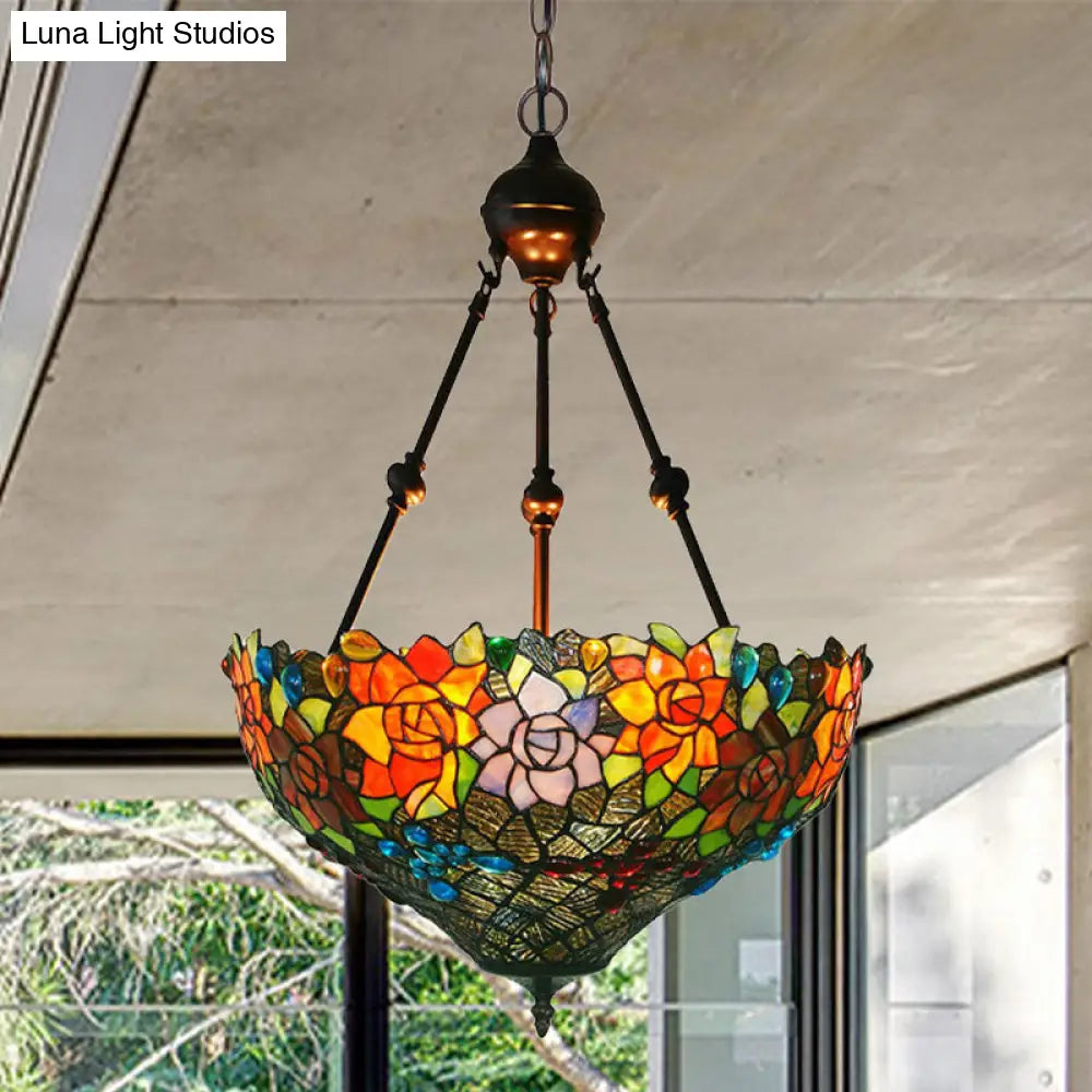 Mediterranean Floral Stained Art Glass Chandelier Pendant Light With 3 Hanging Lamps In