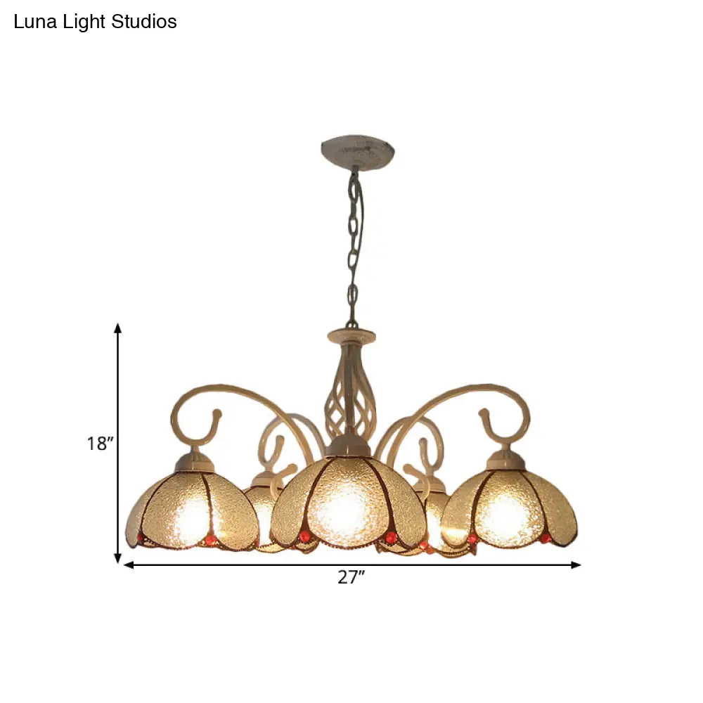 Mediterranean Flower Glass Pendant Chandelier - 5 Bulb Ceiling Lighting Fixture In White With