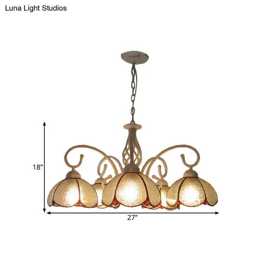 Mediterranean Flower Frosted Glass Pendant Chandelier With 5 Bulbs - Swirled Arm White