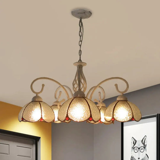 Mediterranean Flower Glass Pendant Chandelier - 5 Bulb Ceiling Lighting Fixture In White With