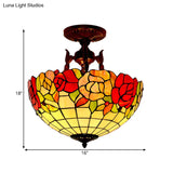 Mediterranean Flower Stained Glass Ceiling Light For Bedroom - 3-Light Semi Flush Mount In