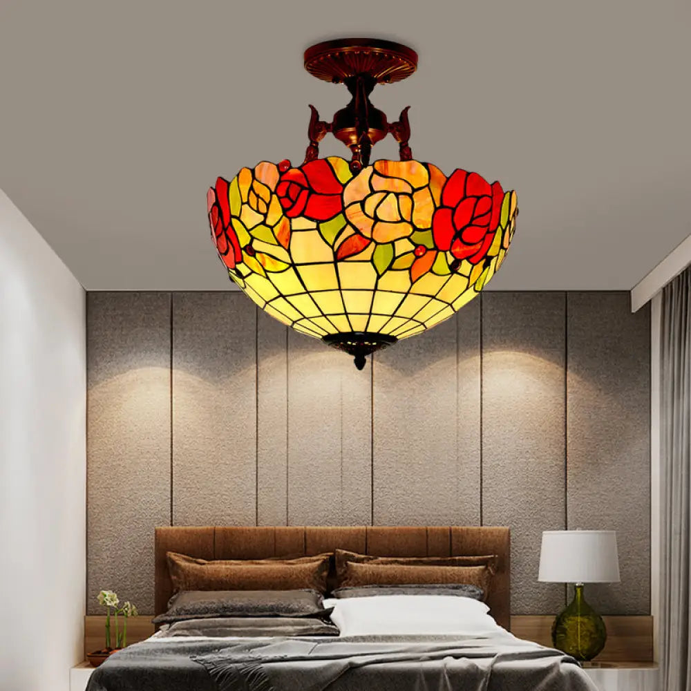 Mediterranean Flower Stained Glass Ceiling Light For Bedroom - 3-Light Semi Flush Mount In