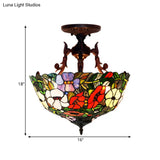 Mediterranean Flower Stained Glass Ceiling Light For Bedroom - 3-Light Semi Flush Mount In