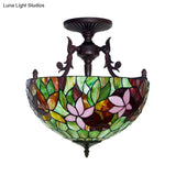 Mediterranean Flower Stained Glass Ceiling Light For Bedroom - 3-Light Semi Flush Mount In