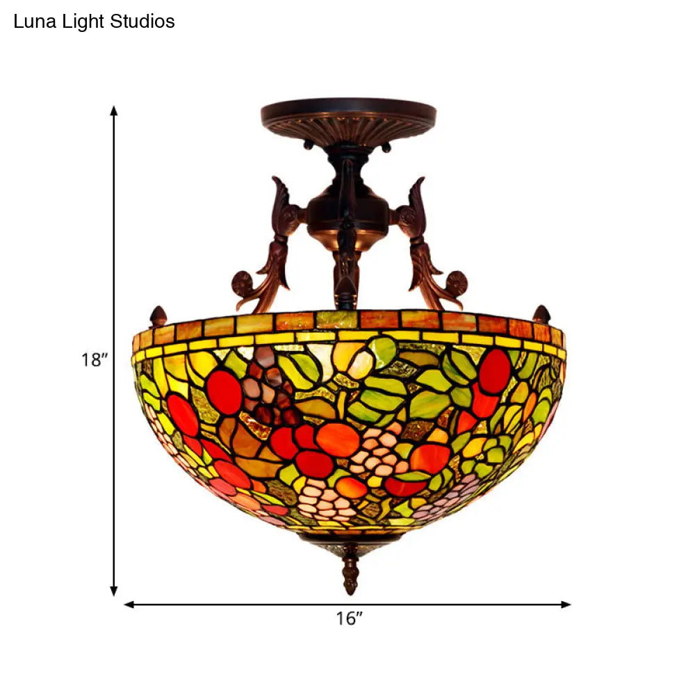 Mediterranean Flower Stained Glass Ceiling Light For Bedroom - 3-Light Semi Flush Mount In