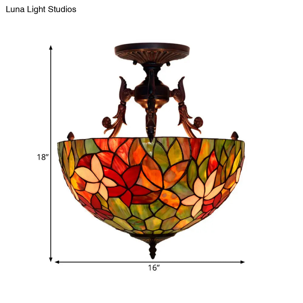 Mediterranean Flower Stained Glass Ceiling Light For Bedroom - 3-Light Semi Flush Mount In