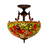 Mediterranean Flower Stained Glass Ceiling Light For Bedroom - 3-Light Semi Flush Mount In