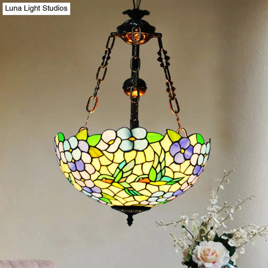 Mediterranean Flower Stained Glass Chandelier Pendant Light - 3-Light Weathered Copper Suspension