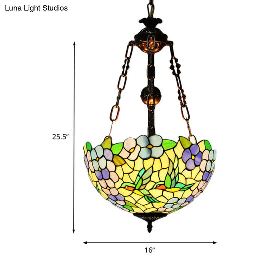 Mediterranean Flower Stained Glass Chandelier Pendant Light - 3-Light Weathered Copper Suspension