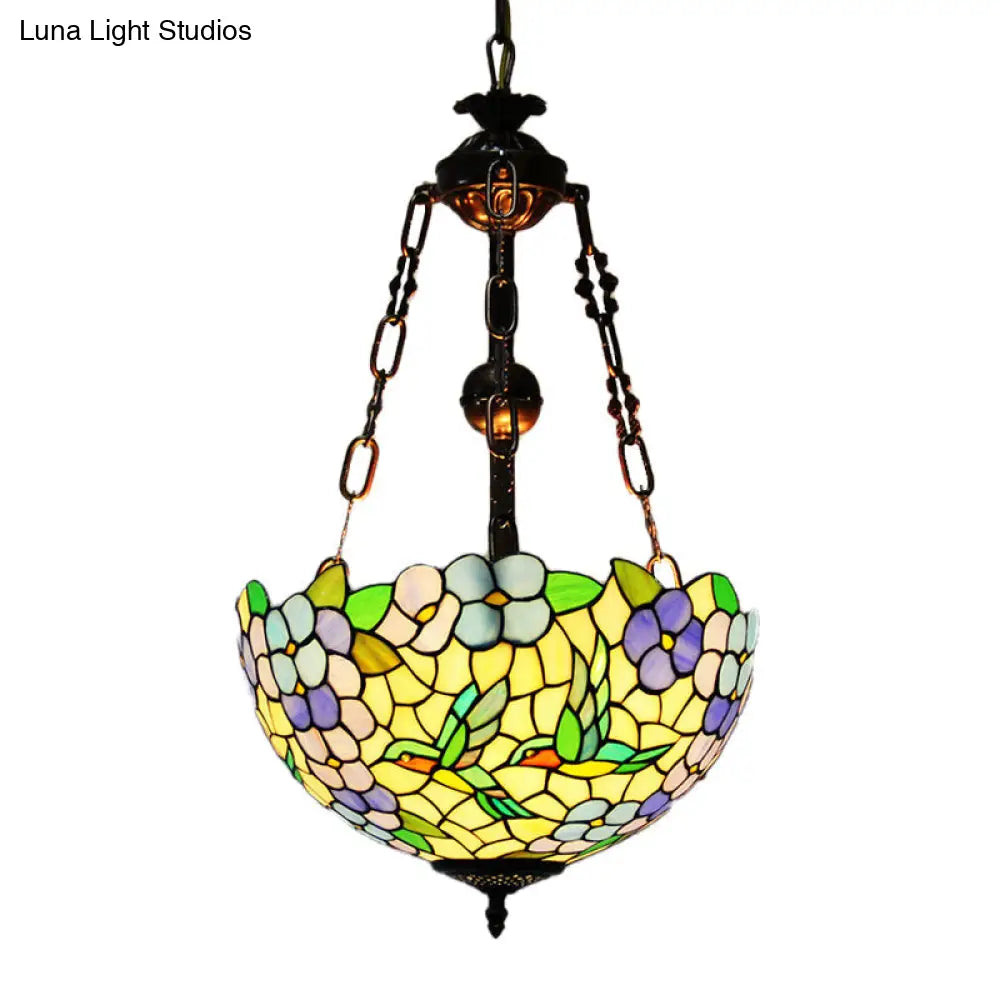 Objecto Flower Stained Glass Chandelier Pendant Light - Mediterranean Design 3 Lights Weathered