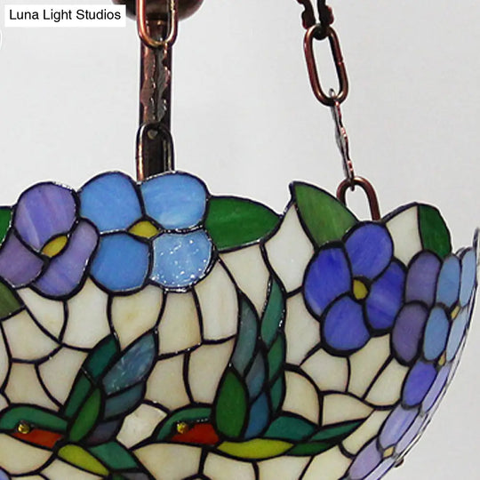 Mediterranean Flower Stained Glass Chandelier Pendant Light - 3-Light Weathered Copper Suspension