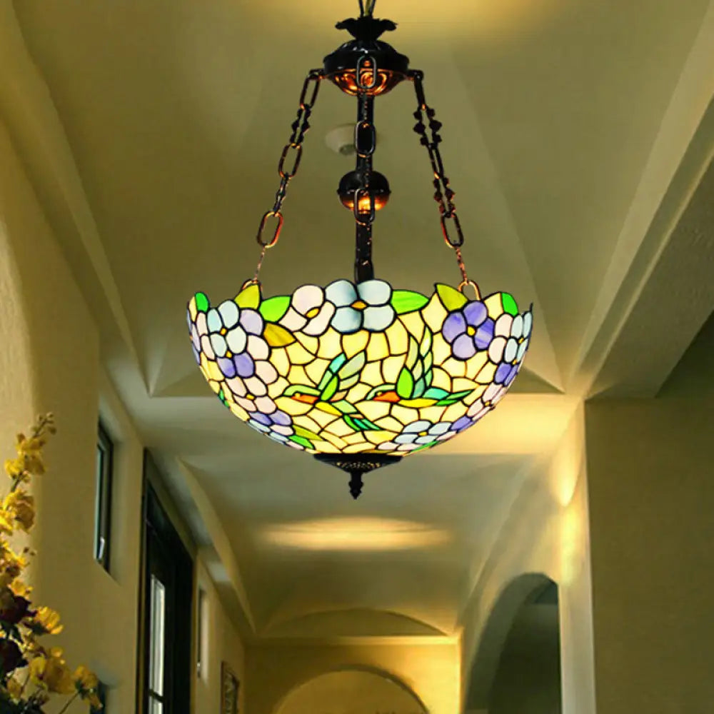 Mediterranean Flower Stained Glass Chandelier Pendant Light - 3-Light Weathered Copper Suspension