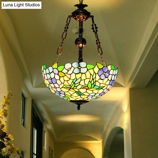 Objecto Flower Stained Glass Chandelier Pendant Light - Mediterranean Design 3 Lights Weathered