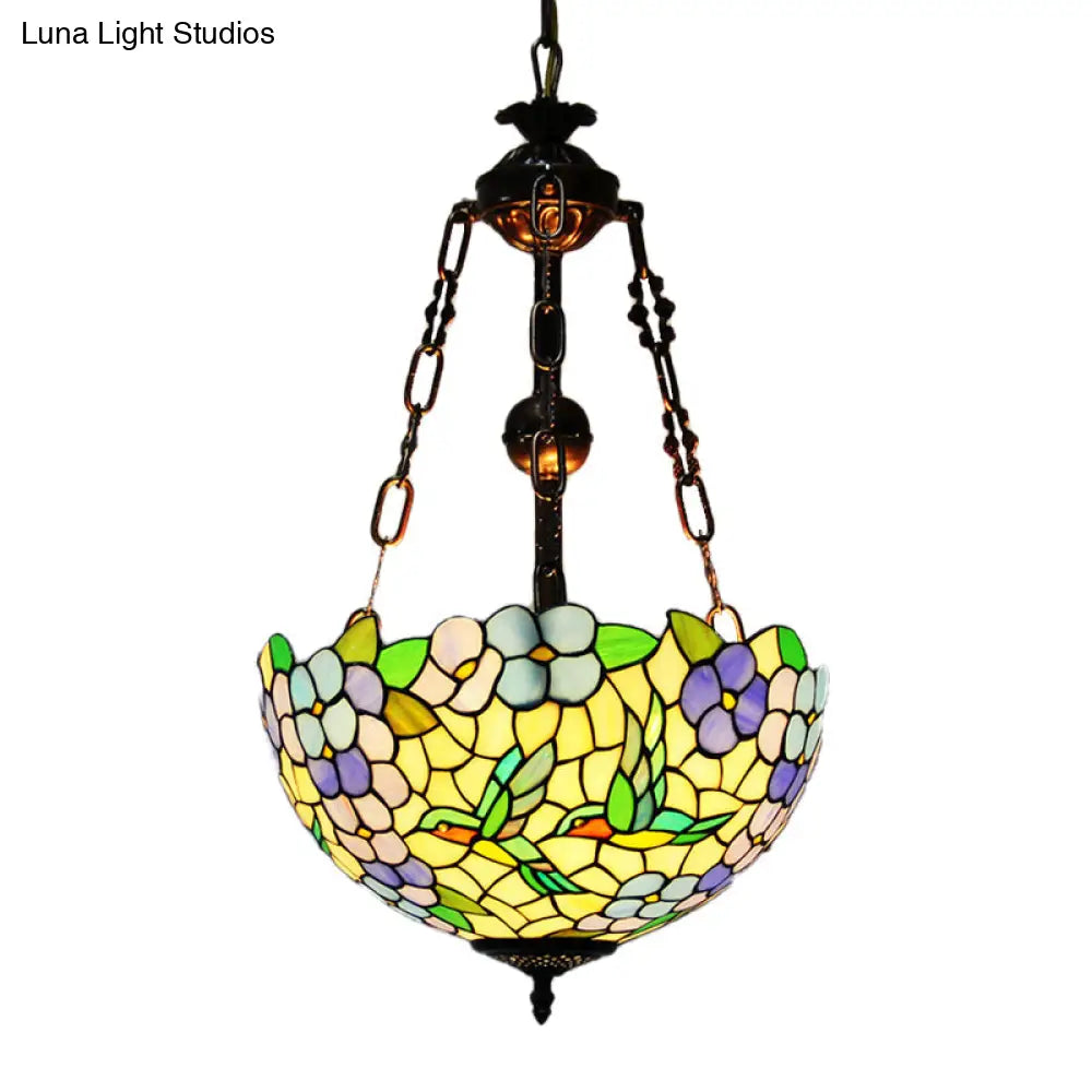 Mediterranean Flower Stained Glass Chandelier Pendant Light - 3-Light Weathered Copper Suspension