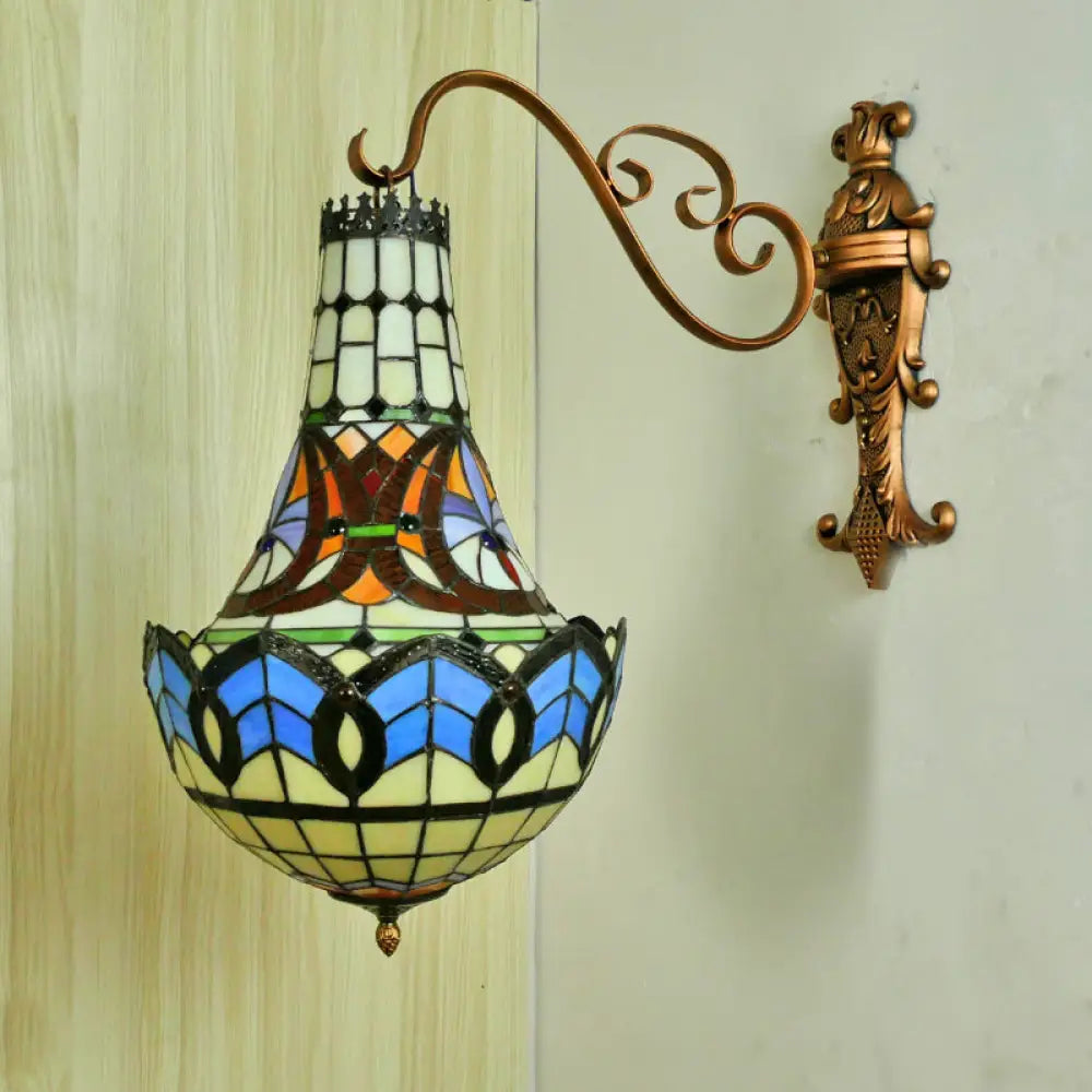 Mediterranean Flower Stained Glass Sconce - 3-Light Wall Fixture In Beige/Yellow/Orange For Living