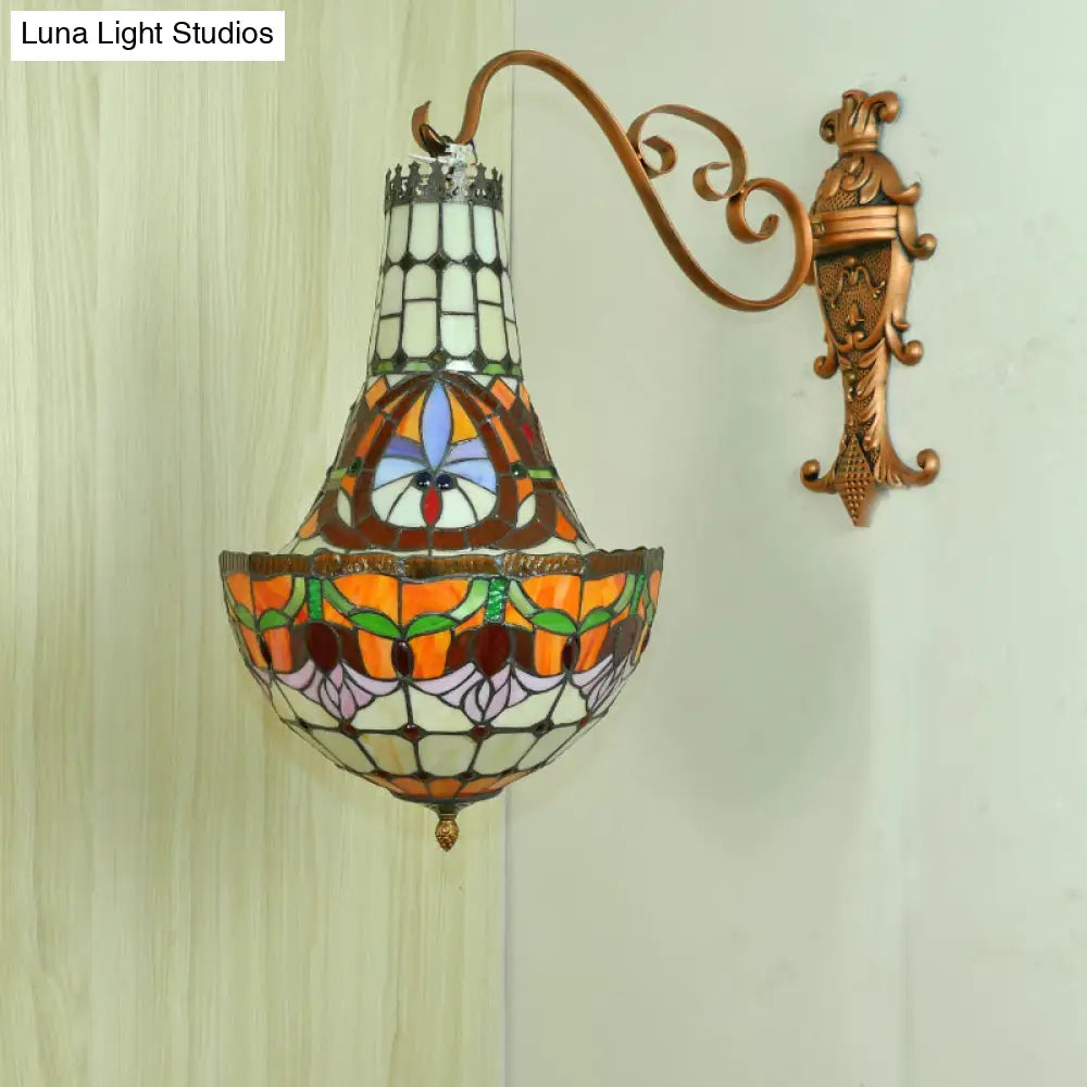 Mediterranean Flower Stained Glass Sconce - 3-Light Wall Fixture In Beige/Yellow/Orange For Living