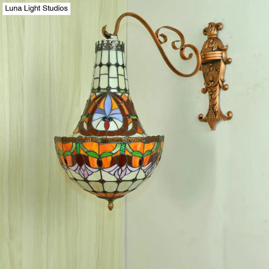 Mediterranean Flower Stained Glass Sconce - 3-Light Wall Fixture In Beige/Yellow/Orange For Living