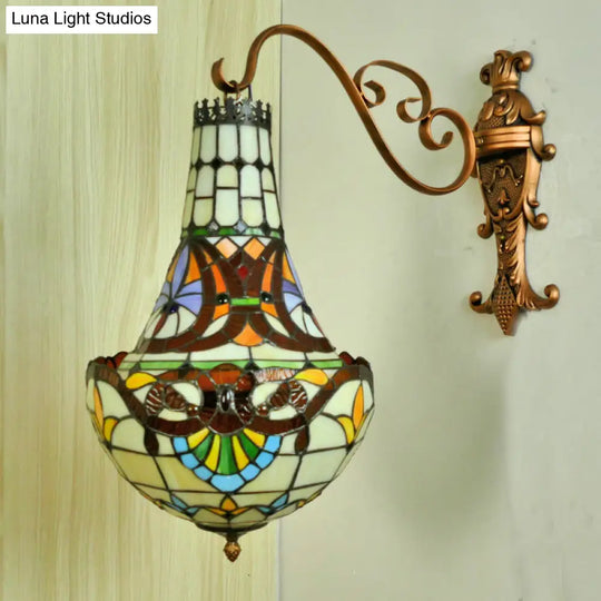 Mediterranean Flower Stained Glass Sconce - 3-Light Wall Fixture In Beige/Yellow/Orange For Living