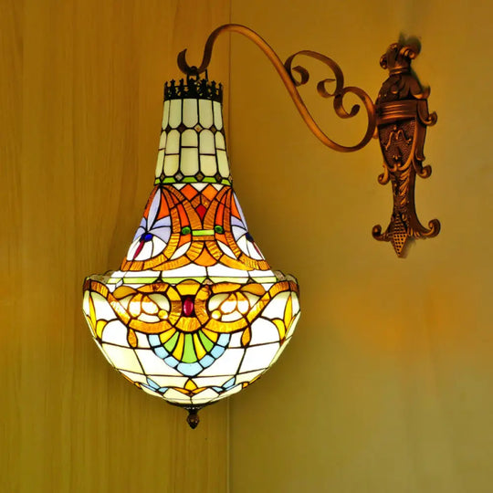 Mediterranean Flower Stained Glass Sconce - 3-Light Wall Fixture In Beige/Yellow/Orange For Living