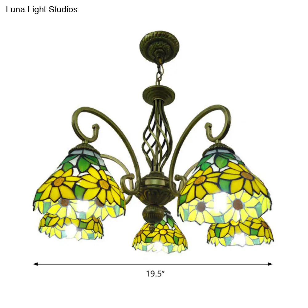 Mediterranean Glass Arm Chandelier Lamp - Hand Cut Scrolling Design 5-Light Red/Yellow/Blue Pendant