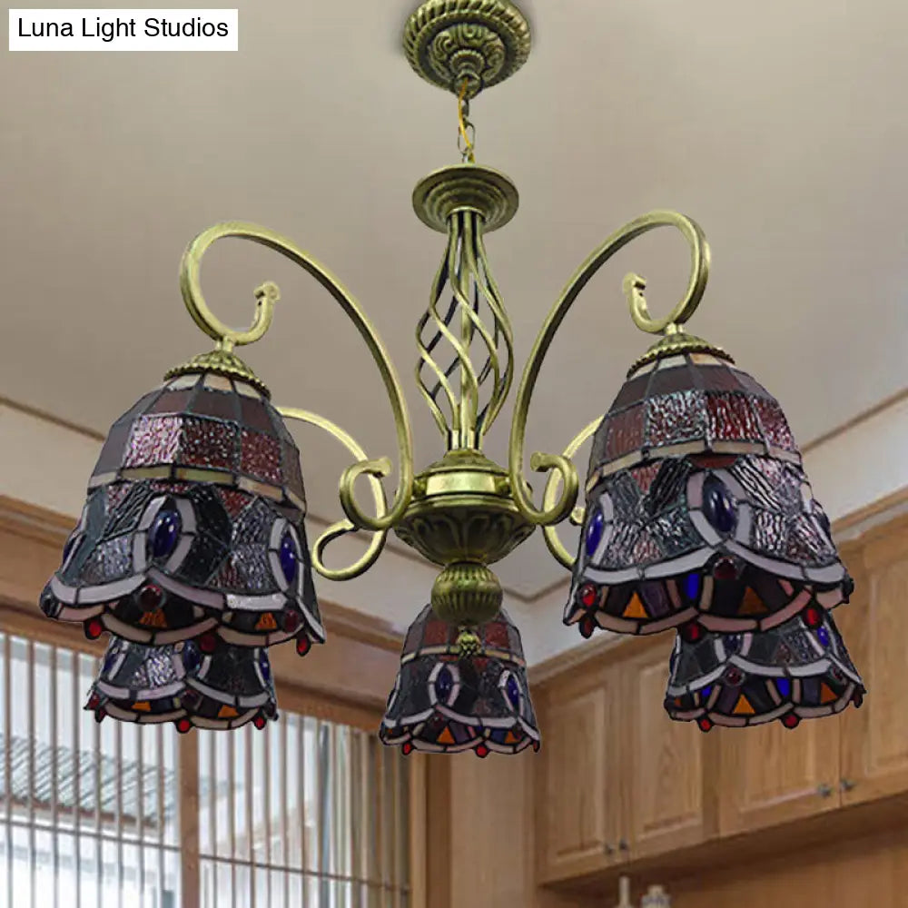 Mediterranean Glass Arm Chandelier Lamp - Hand Cut Scrolling Design 5-Light Red/Yellow/Blue Pendant