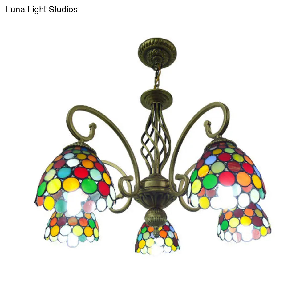 Mediterranean Glass Arm Chandelier Lamp - Hand Cut Scrolling Design 5-Light Red/Yellow/Blue Pendant