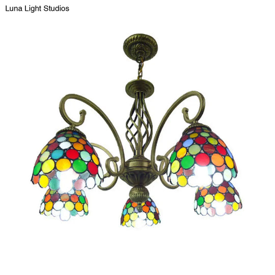 Mediterranean Glass Arm Chandelier Lamp - Hand Cut Scrolling Design 5-Light Red/Yellow/Blue Pendant