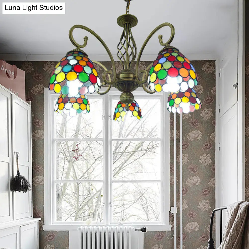 Mediterranean Scrolling Arm Chandelier Lamp: Hand Cut Glass 5 Lights Red/Yellow/Blue Ceiling Pendant