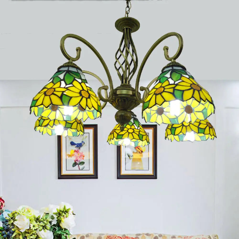 Mediterranean Glass Arm Chandelier Lamp - Hand Cut Scrolling Design 5-Light Red/Yellow/Blue Pendant