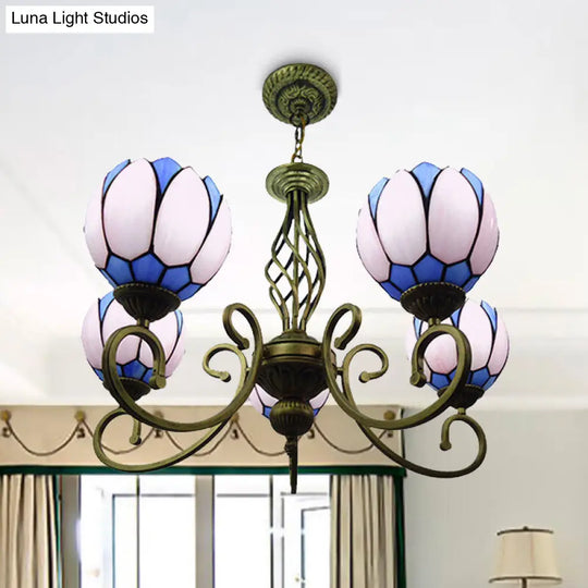 Mediterranean Scrolling Arm Chandelier Lamp: Hand Cut Glass 5 Lights Red/Yellow/Blue Ceiling Pendant