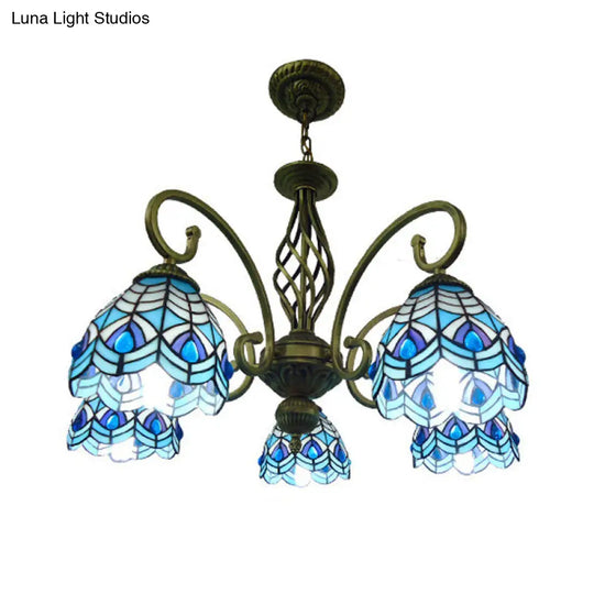 Mediterranean Scrolling Arm Chandelier Lamp: Hand Cut Glass 5 Lights Red/Yellow/Blue Ceiling Pendant