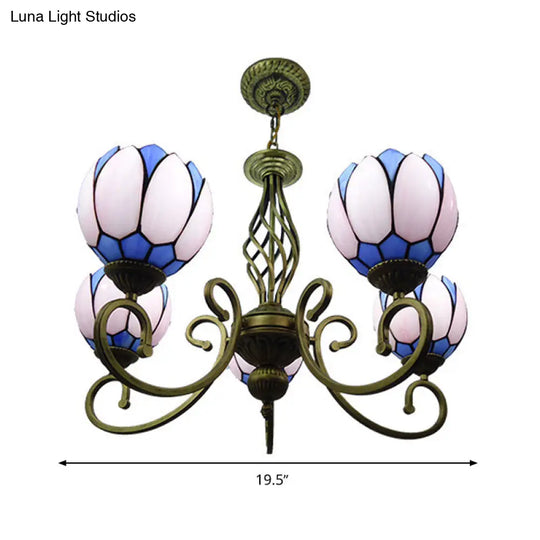 Mediterranean Glass Arm Chandelier Lamp - Hand Cut Scrolling Design 5-Light Red/Yellow/Blue Pendant