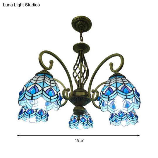 Mediterranean Glass Arm Chandelier Lamp - Hand Cut Scrolling Design 5-Light Red/Yellow/Blue Pendant