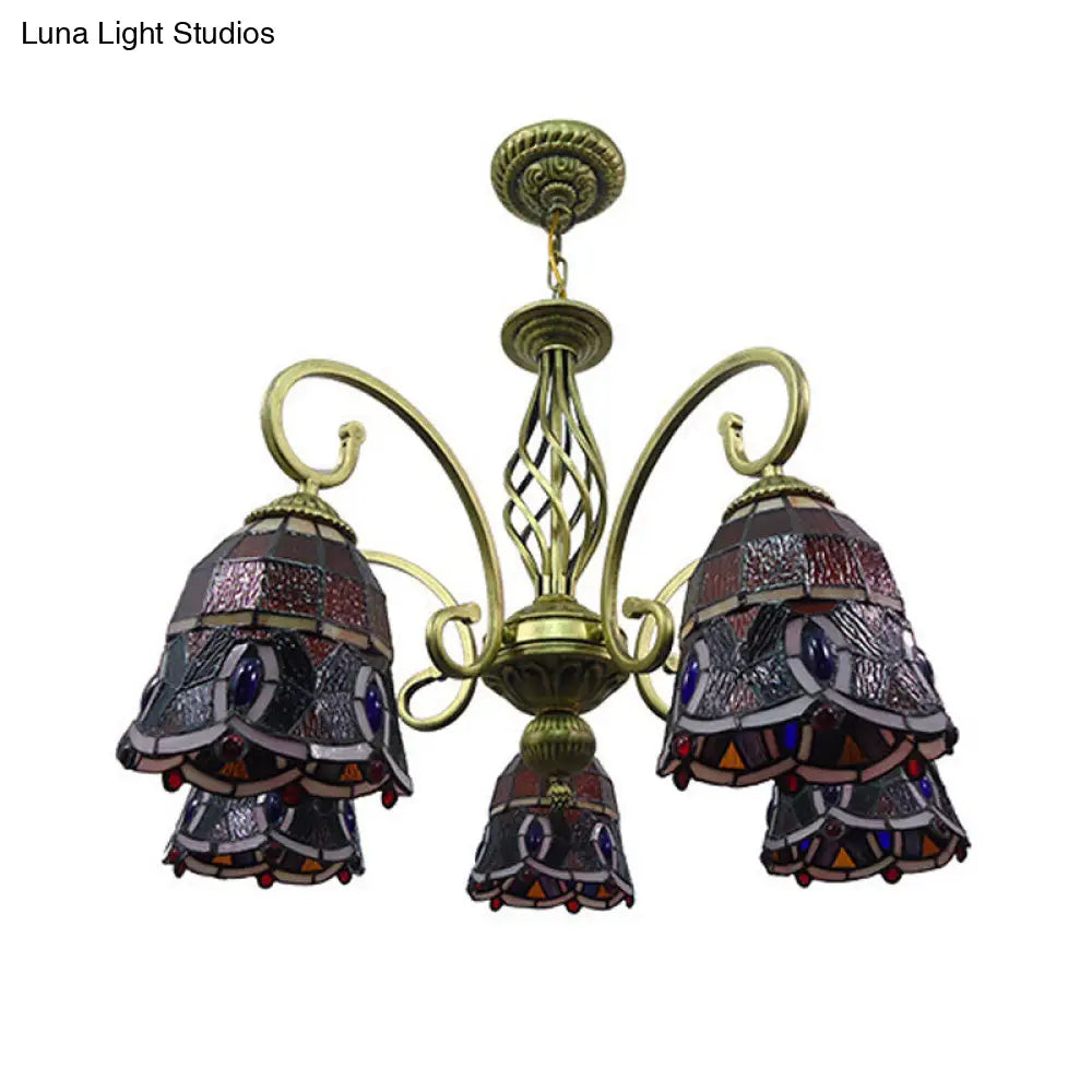 Mediterranean Scrolling Arm Chandelier Lamp: Hand Cut Glass 5 Lights Red/Yellow/Blue Ceiling Pendant