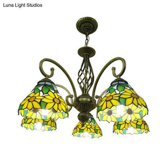 Mediterranean Glass Arm Chandelier Lamp - Hand Cut Scrolling Design 5-Light Red/Yellow/Blue Pendant