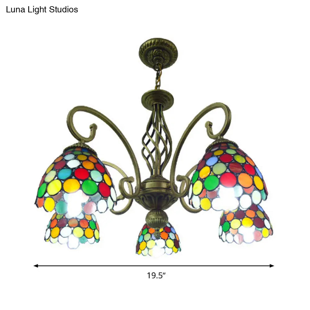 Mediterranean Glass Arm Chandelier Lamp - Hand Cut Scrolling Design 5-Light Red/Yellow/Blue Pendant