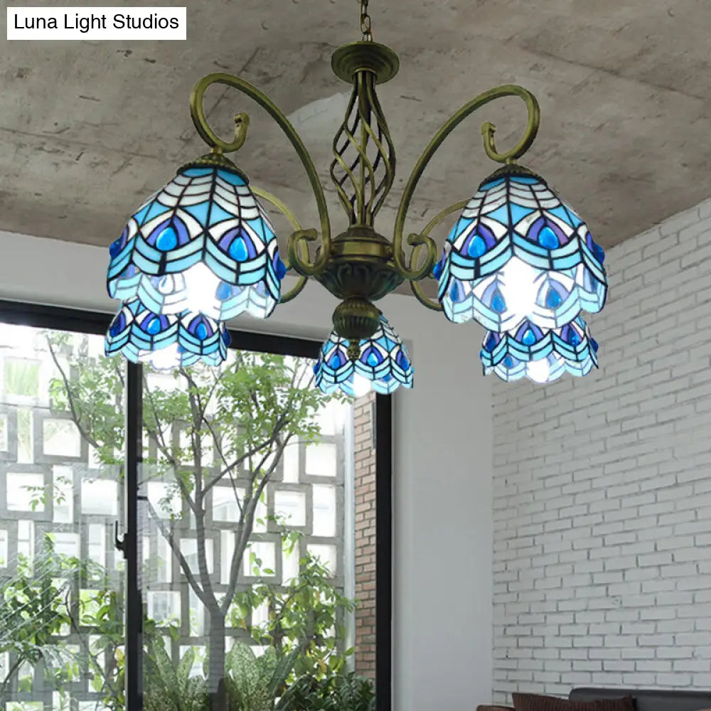 Mediterranean Scrolling Arm Chandelier Lamp: Hand Cut Glass 5 Lights Red/Yellow/Blue Ceiling Pendant