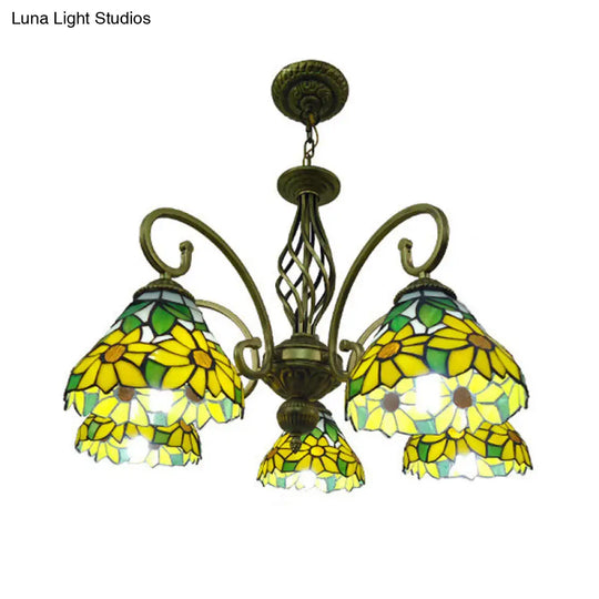 Mediterranean Scrolling Arm Chandelier Lamp: Hand Cut Glass 5 Lights Red/Yellow/Blue Ceiling Pendant