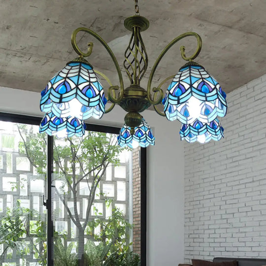 Mediterranean Glass Arm Chandelier Lamp - Hand Cut Scrolling Design 5-Light Red/Yellow/Blue Pendant