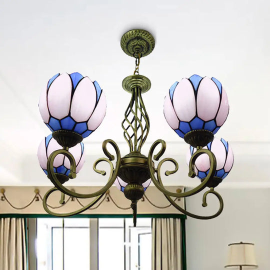 Mediterranean Glass Arm Chandelier Lamp - Hand Cut Scrolling Design 5-Light Red/Yellow/Blue Pendant