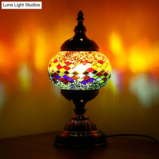 Mediterranean Global Orange/Red And Blue Stained Glass Table Lamp: Perfect Bedroom Night Light