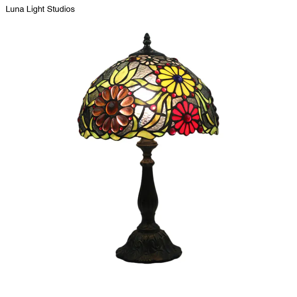 Mediterranean Green Glass Table Lamp With Hand-Cut Flower Pattern - Night Lighting Solution